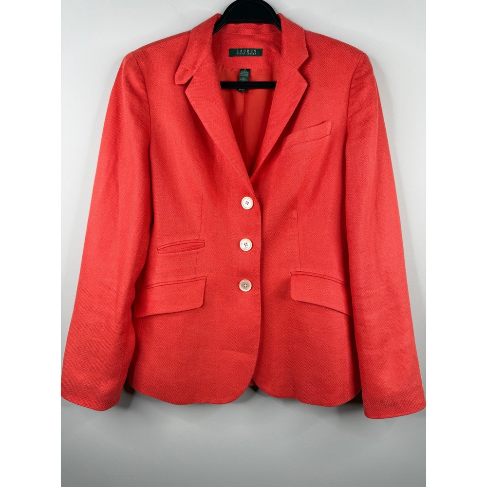 Lauren Ralph Lauren Women 8 Coral Orange 100% Linen 3-Button Blazer Jacket